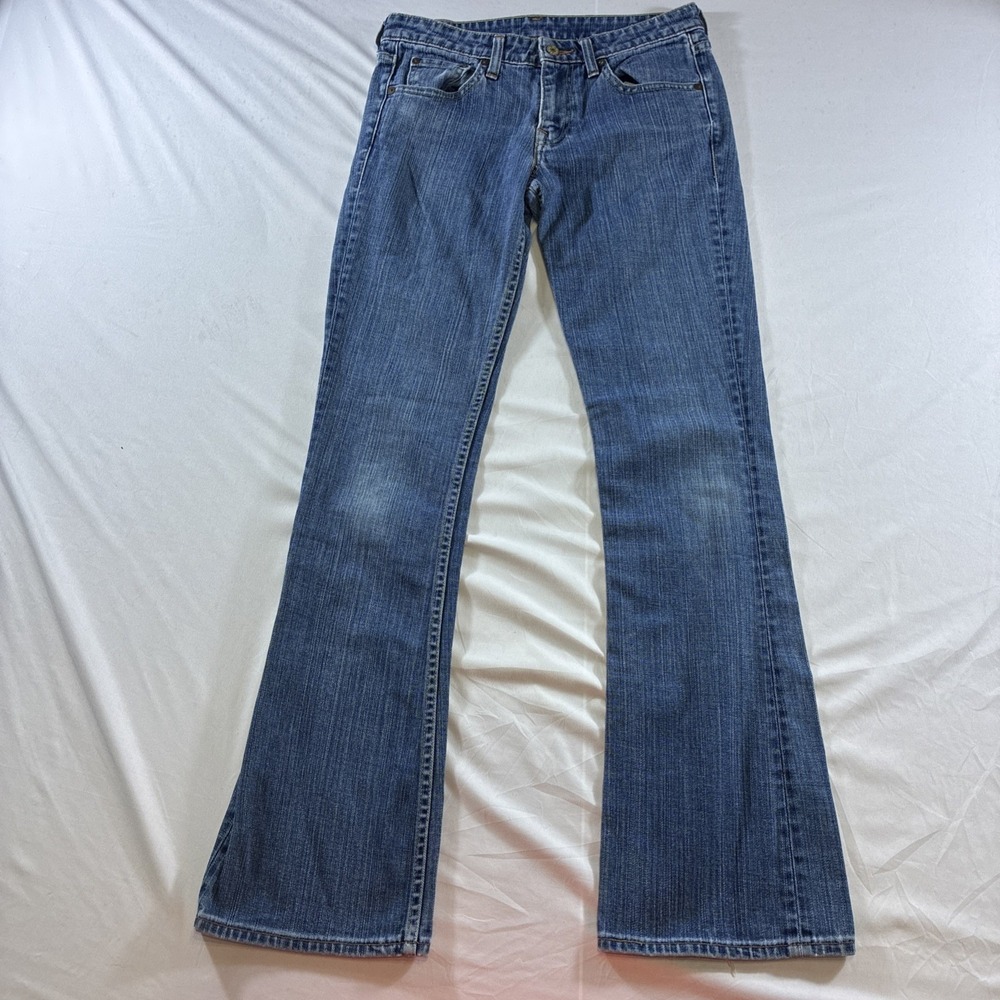 Levis Premium Flare Leg Jeans Medium Wash Blue Denim Size 29L Distressed Hem